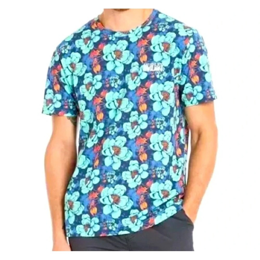 Hurley Colorful Tropical Floral Print T Shirt Men's Large Blue Beach Hawaiian